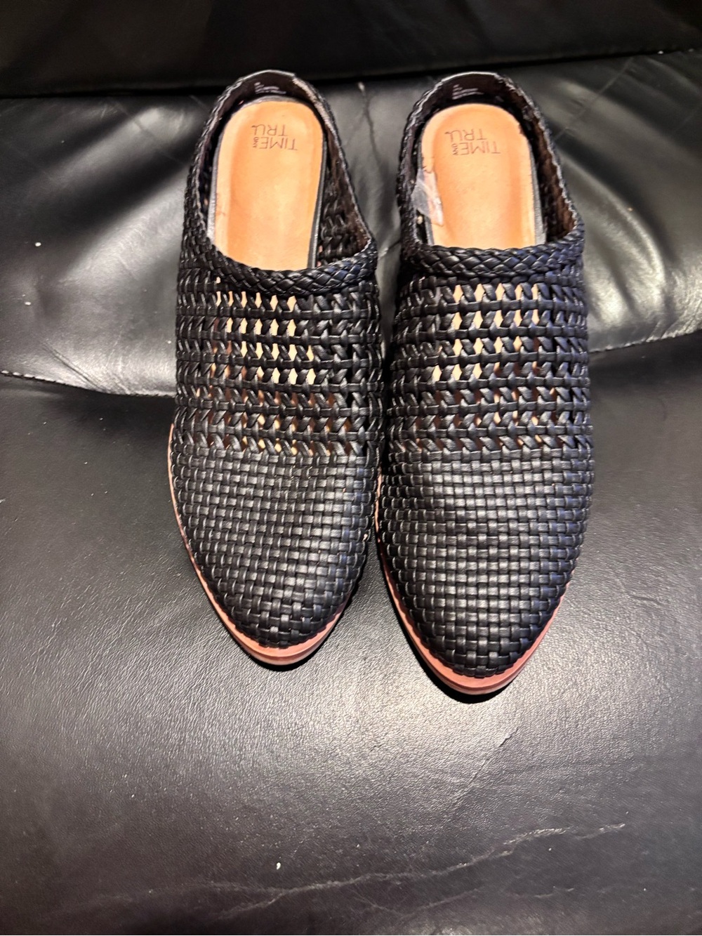 Time and Tru Black Woven Slip-On Mules